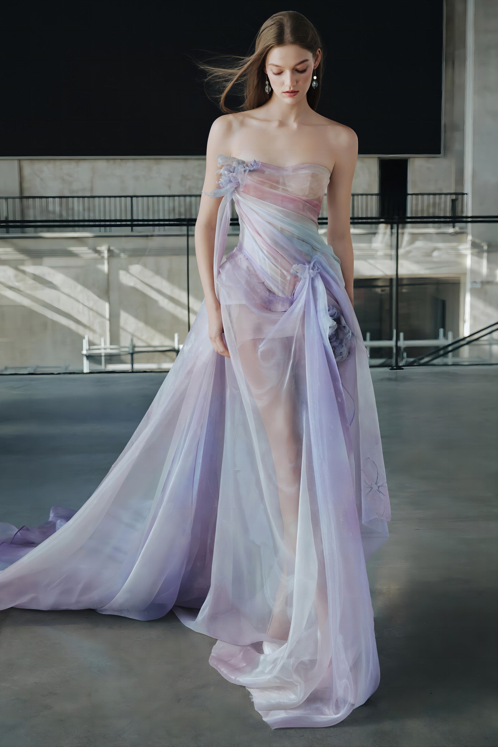 Watercolor Ombré Organza Haute Couture Gown - Lavender & Pink Floral Appliqué