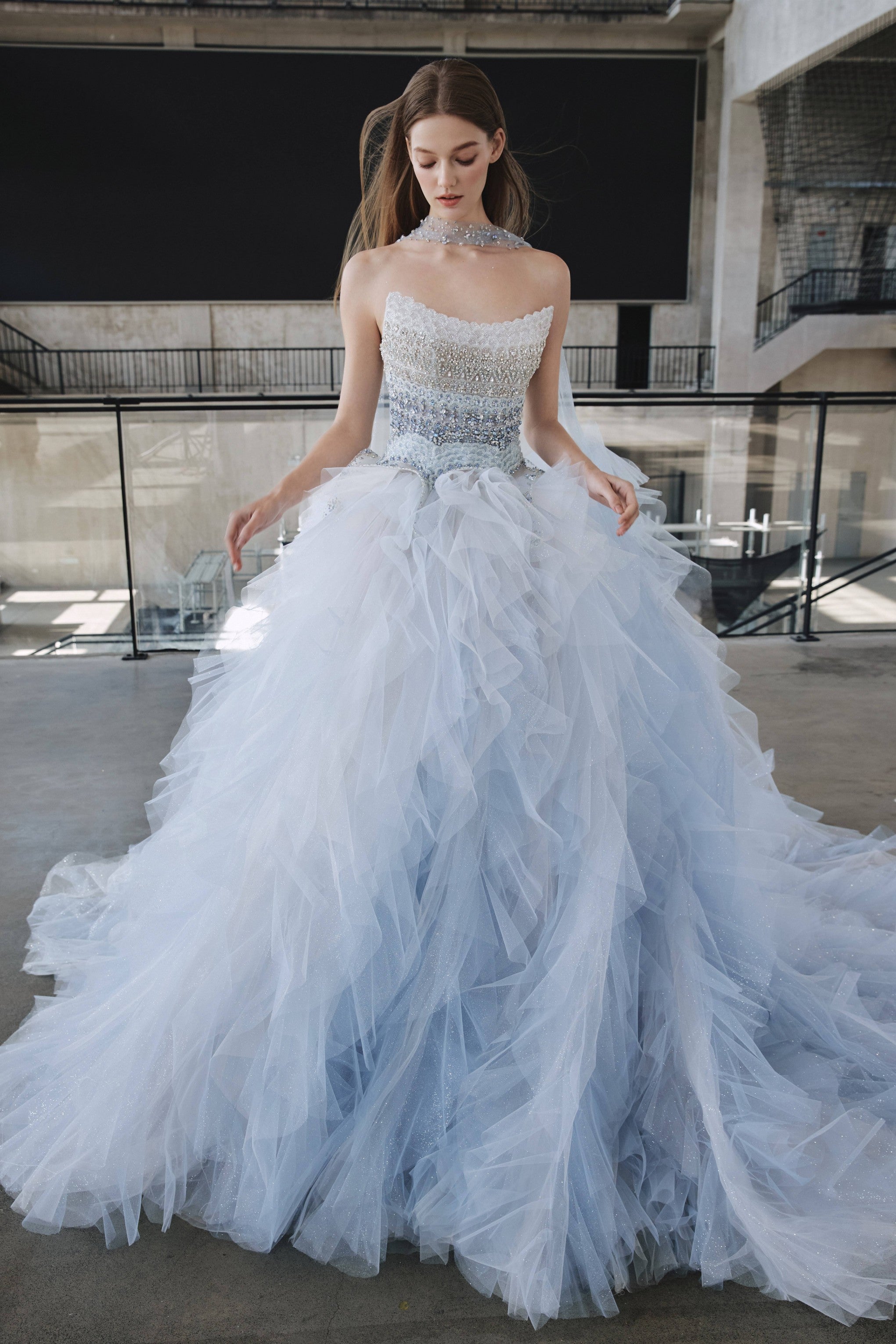 Glacial Galaxy: Heavy Hand-Beaded Ombré Tulle Couture Ballgown with Matching Choker
