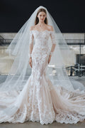 Timeless Elegance | Off-the-Shoulder Lace Mermaid Wedding Gown with Long Sleeves