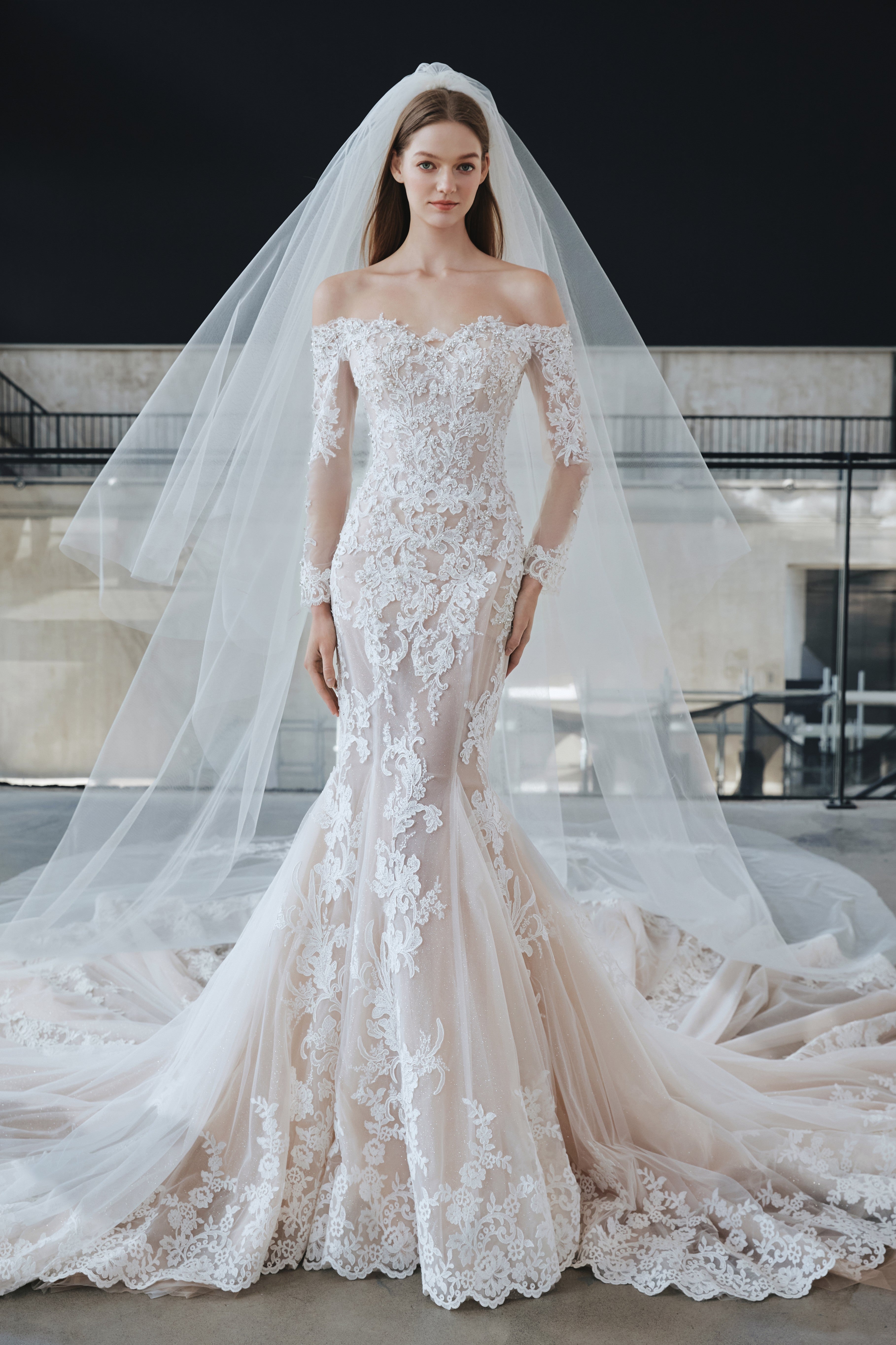 Timeless Elegance | Off-the-Shoulder Lace Mermaid Wedding Gown with Long Sleeves